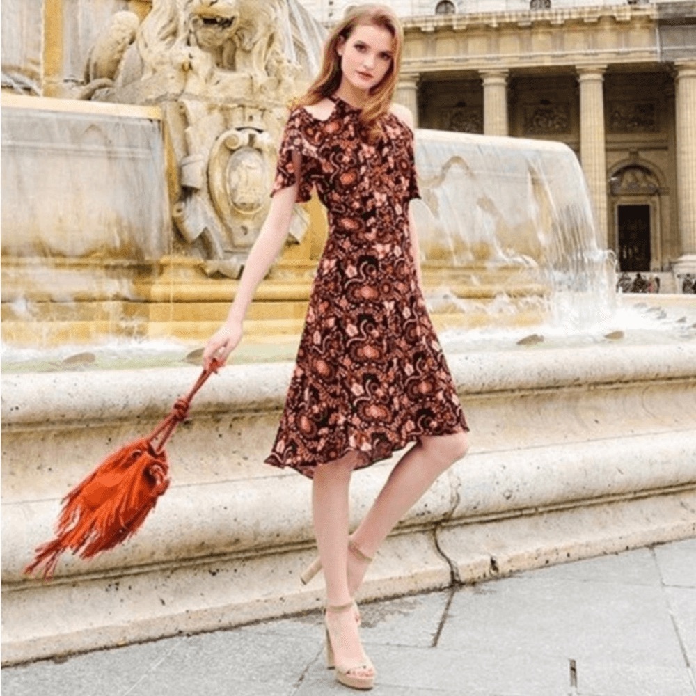 A.L.C. Women's floral flare silk dress Romantic Feminine pink brown sz S